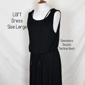 LOFT Dress L Sleeveless Black Round Neck Polyester Tassels Machine Wash